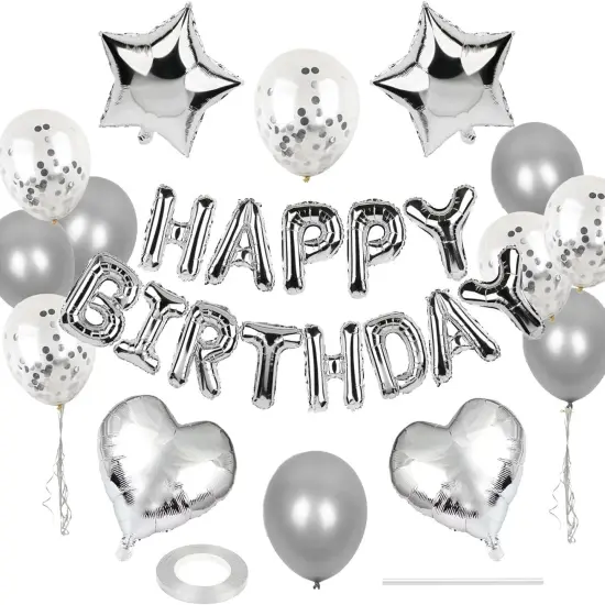 27 Pcs Silver Birthday Decorations, 3D Foil Silver Happy Birthday Balloon Banner {1}