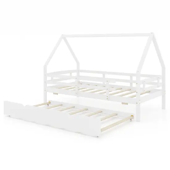 Twin House Bed with Trundle and Fence Rail for Kids Room White {3}