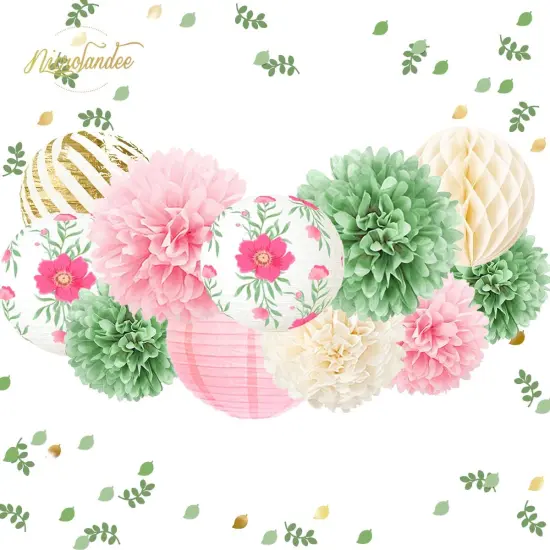 12PCS Green Pink Blooms Tissue Pom Poms Paper Lantern 3D Gold Confetti 50G for Garden Birthday, Fairy Party, Butterfly Baby Shower, Wedding, Holiday, Easte Party, Spring Decor {2}