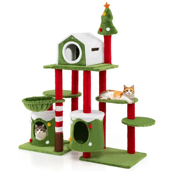 Multi-Color Engineered Wood Christmas-Themed Tall Cat Tree with Condos and Groomer {1}