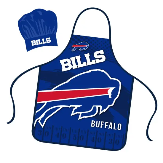 Mojo Licensing Buffalo Bills Apron Chef Hat Set Full Color Universal Size Tie Back Grilling Tailgate BBQ Cooking Host {1}