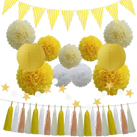 33pcs Party Decoration Supplies Set, Yellow Tissue Paper Pom Poms Flowers Paper Lanterns Tassels Hanging Garland Banner Triangle Flag Bunting for Birthday, Bridal, Baby Shower, Wedding Graduation {1}