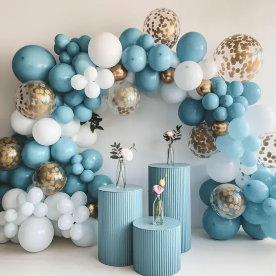 Dusty Blue and Gold Balloons, 12 Inch Blue Gold Balloons, Retro Fog Blue Metallic Golden White Confetti Balloons Latex Balloon for Wedding Baby Shower Gender Reveal Birthday Party Decoration {4}