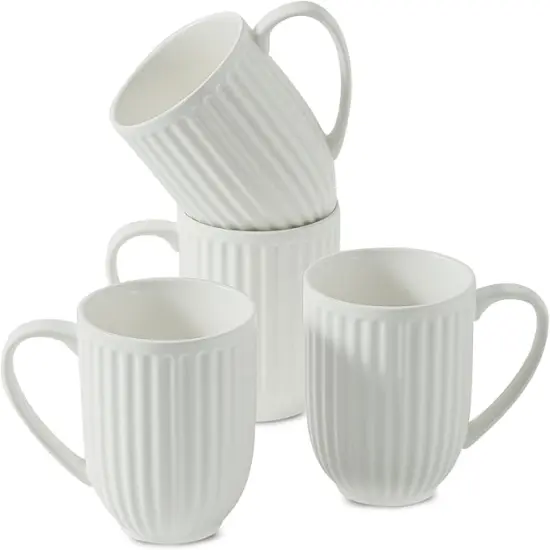 Ceramic Coffee Mugs Set of 4, 16 Oz Large Ribbed Coffee Cups with Big Handle, Unique Modern Style White Latte Mugs for Tea,Cocoa,Milk,Cappuccino, Microwave & Dishwasher Safe {1}