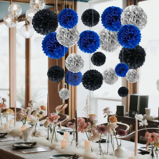 Navy Blue,Silver,Black Tissue Paper Pom Poms Flower Set-27PCS Ideal for Birthday,Bridal Showers,Wedding,Baby Shower Party Decorations (12",10",8",6) {3}