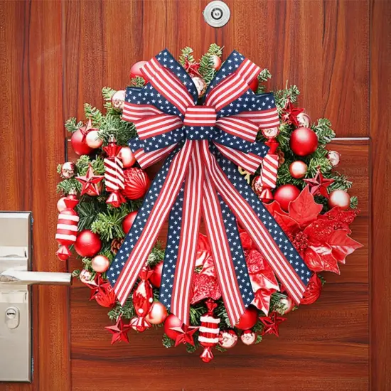 2 PCS Large Patriotic Wreath Bows, Patriotic Star and Stripe America Flag Bow for Memorial Day American Flag Wreath Bow for Front Door Indoor Outdoor Labor Day Holiday Party Home Decoration 20 * 12" {3}