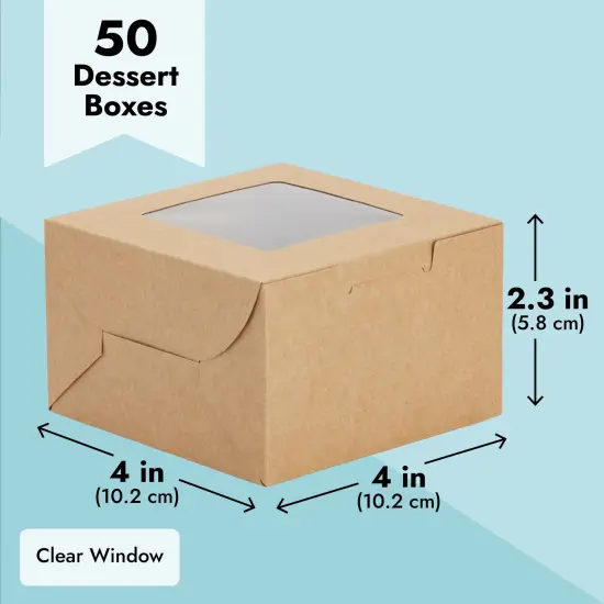 50 Pack 4x4x2.5 Mini Dessert Boxes with Window for Bakery - Baked Goods Packaging Containers for Cupcakes, Cookies, Pastry (Kraft Paper) Brown {5}