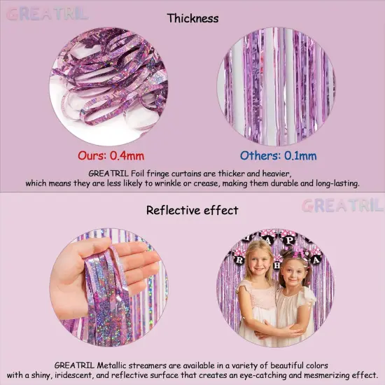 Pink Tinsel Curtain Party Backdrop - GREATRIL Foil Fringe Curtain Lilac Pink Party Streamers for Princess Bachelorette Euphoria Theme Party Decorations - 2 Packs {3}
