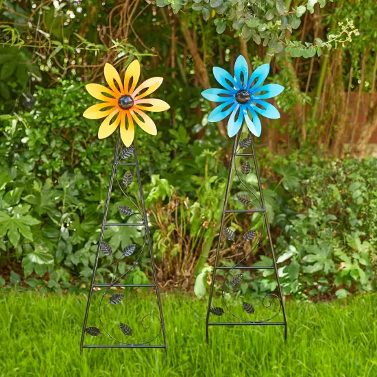 Set of 2 44"H Metal Yellow & Blue Flower Wind Spinner Yardstakes {1}