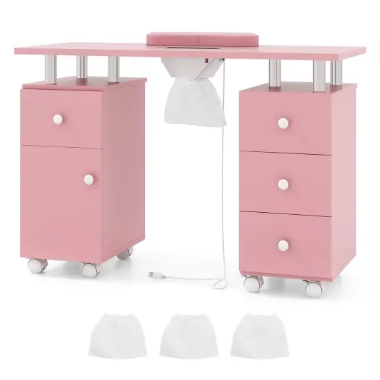 Manicure Table with Dust Collector, Storage and Wrist Rest Cushion Pink {1}