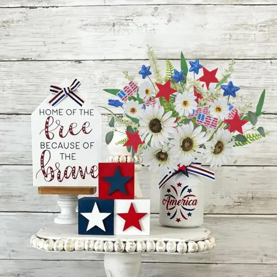 6pcs Silk Wildflower Picks for 4th of July Decorations Artificial Daisy Flowers with Blue & Red Stars Patriotic Decorations {4}