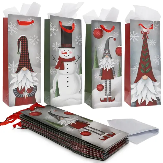 Bright Creations 12 Pack Christmas Wine Gift Bags with Tissue Paper Wrapping, 4 Gnomes Snowmen Designs for Home Party Holiday Supplies, Fun and Festive Xmas Packaging (5 x 13.6 x 4 in) Gray {1}