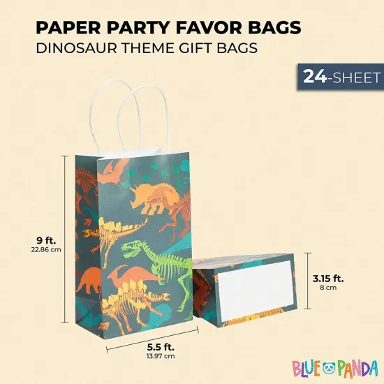 24 Pack Dinosaur Goody Bags with Handles, 5.3x3.2x9 Inch for Kids Birthday, Party Favors, Treats, Fossil Print Design {2}