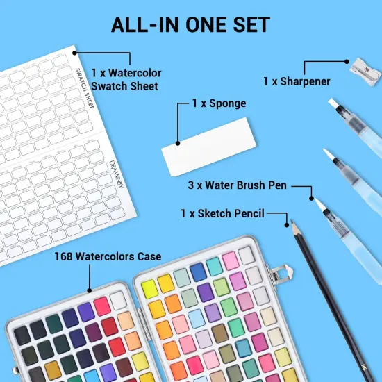 Watercolor Paint Set, 168 Vivid Colors with Regular, Macaron, Metallic & Fluorescent Colors, Travel Watercolor set including Palette, Water Brush Pens, Art Supplies Kit Great for Artists, Beginners {3}