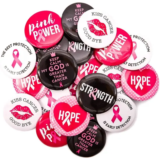 24 Pack Breast Cancer Awareness Pins Bulk, Black & Pink Round Buttons Accessories, 6 Designs, 2.25 in {4}