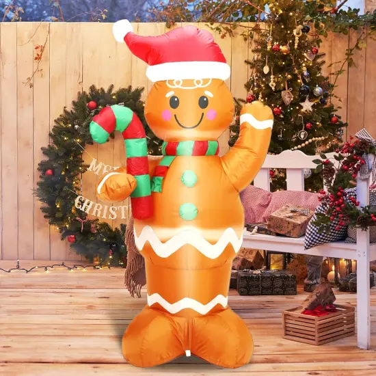 5FT H Lovely Christmas Inflatable Gingerbread Man with Candy Cane, Blow up Gingerbread Man,Christmas Inflatables Gingerbread with Bulid-in LEDs for Indoor Outdoor Decoration {3}
