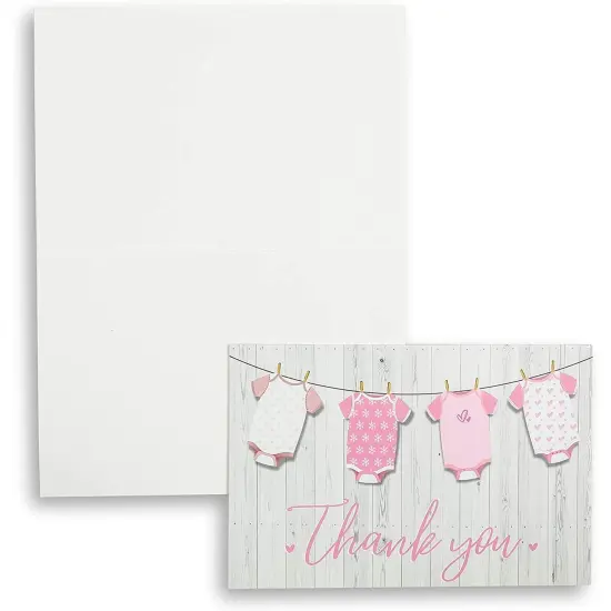 60 Pack Baby Shower Thank You Cards with Pink Envelopes for Girl, 4x6 inch with Clothesline Design and Includes 60 Cute Stickers for Appreciation {5}