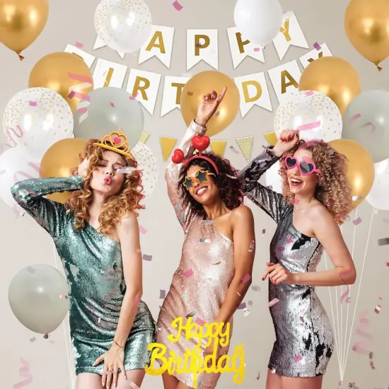 White Gold Birthday Decorations, White Cream Sand Beige Happy Birthday Decorations With Latex Helium Balloon Champagne Fringe Curtain Cake Topper Triangle Flag Banner For Girl Woman Party Supplies {5}