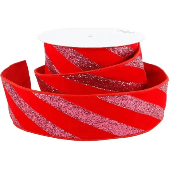 4" Red Velvet Glitter Stripe Ribbon: Pink (5 Yards) {1}