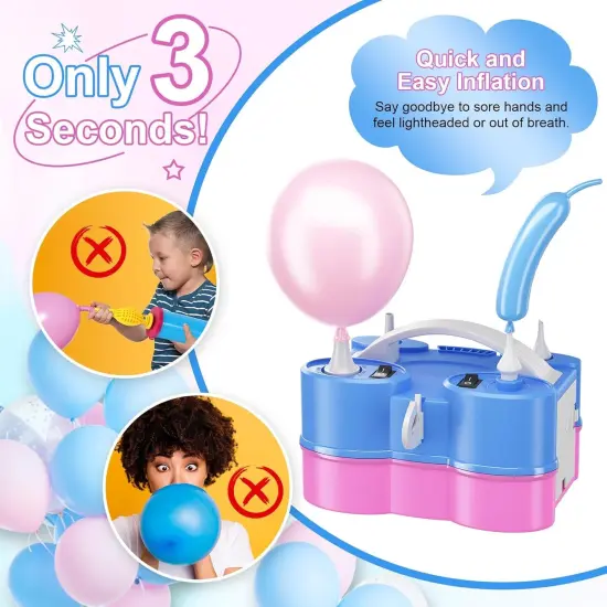 Electric Balloon Pump 3-in-1 Portable Air Balloon Pump for Latex 260Q Long Foil Balloons, 110V Automatic Dual Nozzle Inflator Deflator Inflatables, Pool Floats Raft, Air Mattress (Blue Pink) {3}