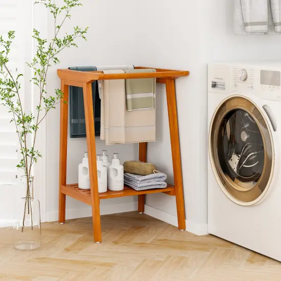 Solid Teak Wood Freestanding Towel Rack with Shelf &ndash; 5 Bars, 31.5&rdquo; H {2}