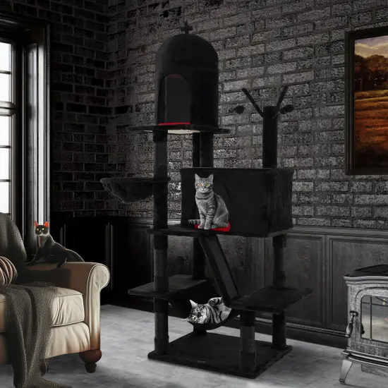 Black Gothic Cat Tree with Sisal Scratching Posts and Cozy Beds Ideal for Indoor Cats {3}