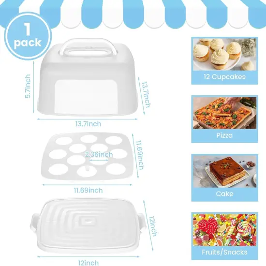 Cake Carrier with Lid, White Square Cake Holder Cupcake Container for 12 Cupcakes 2 in 1 Portable Dessert Container for Cake Pie Muffin Cobbler {2}