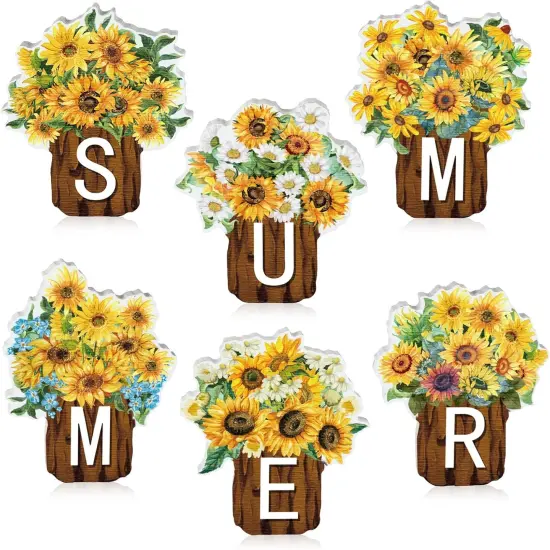 6 Pcs Sunflower Wooden Table Signs Decoration Summer Farmhouse Tiered Tray Decor Flowers Tabletop Centerpiece for Home Kitchen Shelf Decor Party Favor(Sunflower) {1}