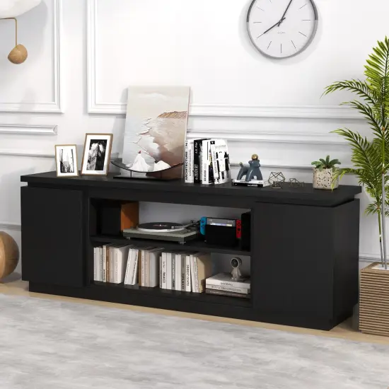 70" Entertainment TV Center with 3 Adjustable and Removable Shelves and 2 Enclosed Cabinets Black {2}