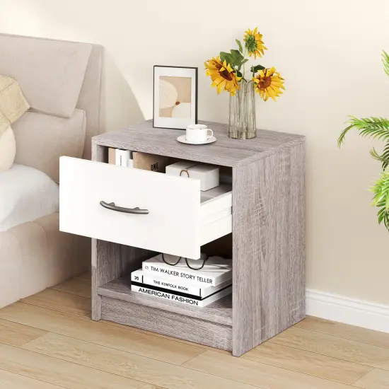 Nightstand with Drawer, Open Shelf, Modern Design and Sturdy Structure Light Gray {3}