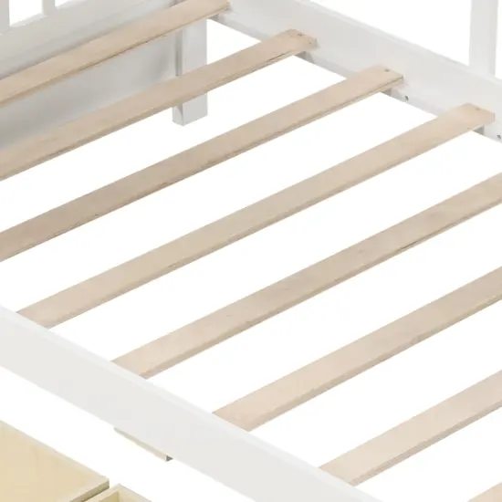 Twin Size Pine Wood House Bed with Storage Drawers, Guardrails and Shelves White {5}