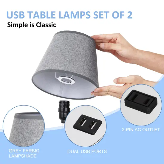 Set of 2 Grey Shade Silver Base Bedside Lamps &ndash; Modern Nightstand Table Lamps for Bedroom, Office, or Dorm {3}