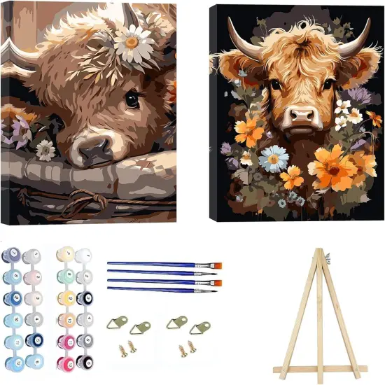 2 Pack Paint by Numbers Kit for Adults with Frame,Cattle Paint by Numbers for Adults, Paint by Number with Easel, DIY Paint by Number Kits for Home Wall Decor （11.8x15.7inch Cow） {1}