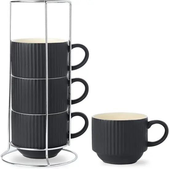 Coffee Mug Ceramic Set of 4 with Stand - 15 oz Stackable Large Porcelain Ribbed Latte Cup Set for Cappuccino, Tea, Hot Cocoa, Drinks - Dishwasher & Microwave Safe, Black {1}