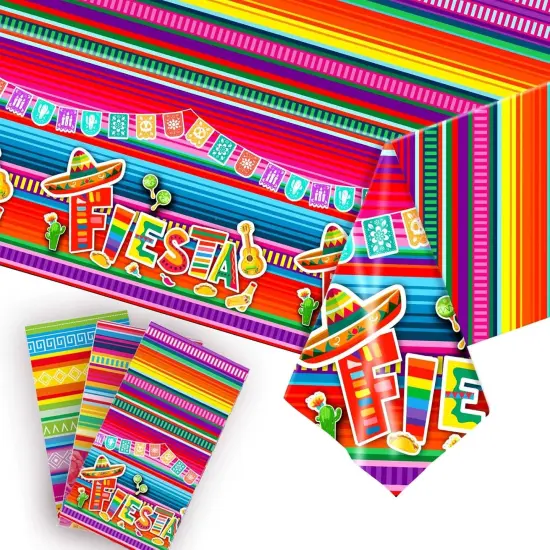 3 Pieces Different Mexican Fiesta Tablecloth Disposable Plastic Table Covers for Cinco de Mayo Mexico Theme Party Supplies Floral Stripes Rectangle Table Covers（108 x 54 Inches） {2}