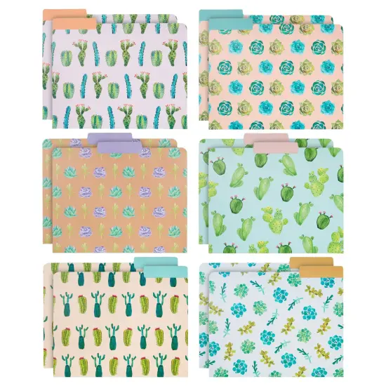 12 Pack Decorative Succulent 3 Tab File Folders, Letter Size, 1/3 Cut Tabs, 6 Cactus Designs (9.5 x 11.5 In) Multicolor {1}