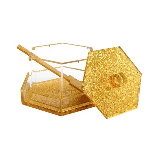 Lucite Hexagon Honey Dish With Base and Spoon Gold {1}