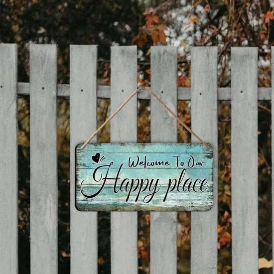 Welcome To Our Happy Place Sign Personalized Front Door Signs For Home Decor Wooden Hanging Sign Beach Signs Patio Wall Decor Summer Wood Porch Sign House Welcome Door Sign 6x12 Inch {5}