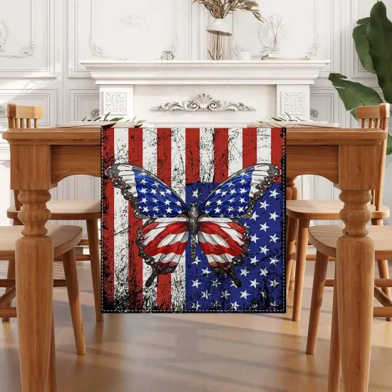 Linen Red White and Blue Butterfly Memorial Day Table Runner 72 Inches Long 4th of July Veterans Day Patriotic Decorations and Supplies for Home Kitchen Dining Room Table {2}