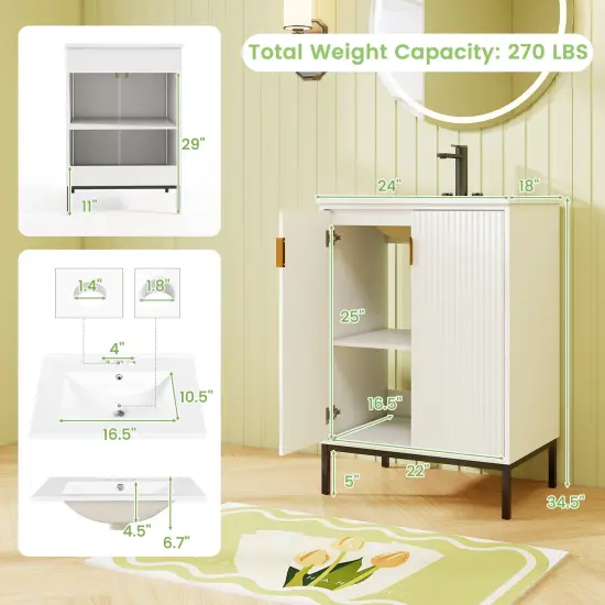 White Bathroom Vanity with Ceramic Sink and Adjustable Shelf {4}