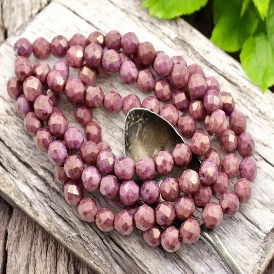 *25* 8mm Gold Lustered Opaque Mauve Fire Polished Round Beads {2}