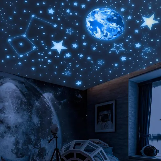 965 PCS Glow in The Dark Stars and Earth for Ceiling, Luminous Stars and Planet Wall Decals, Kids Room Decor, Glowing Galaxy Wall Stickers for Nursery Decorations (Blue) {2}