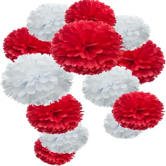 Red Paper Flower Tissue Pom Poms Party Supplies (red,white,12pc) {1}