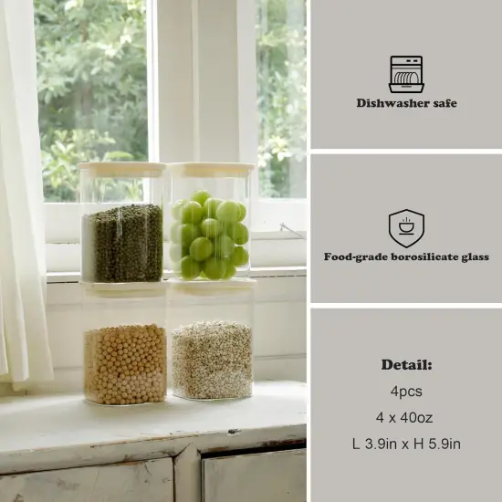 4pcs 40oz Square Pantry Glass Jars with Clear Airtight Lids Kitchen Canisters Sets for Flour, Sugar Refrigerator Safe {5}