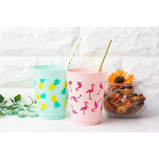 Plastic Party Cups - 24-Pack Reusable Tumblers, 16-Ounce Plastic Cups, Tropical Themed Party Supplies for Bridal Showers, Birthdays, Flamingo and Pineapple Designs, 3.5 x 4.4 x 3.5 inches Multicolor {3}