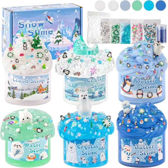6 Packs Snow Slime Kit - Butter, Clear, Water, Cloud Slimes, Fluffy Slime Making Kit for Kids with Cute Charms & Add-ins, Blue Kids Slimes Kits for Girls & Boys Birthday Christmas Easter Gifts {1}