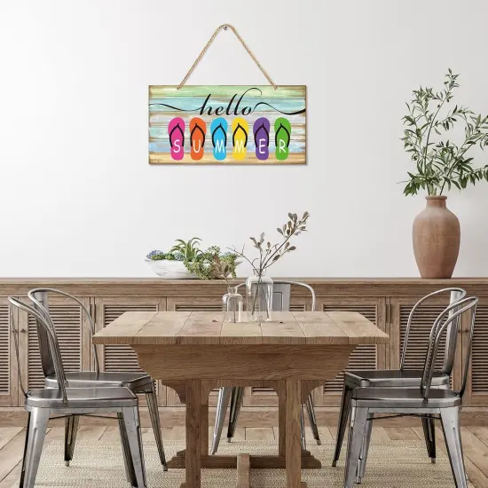 Hello Summer Sign 12 x 6 Inch Welcome Summer Door Sign Wooden Farmhouse Front Porch Door Hanging Decor Rustic Beach {3}