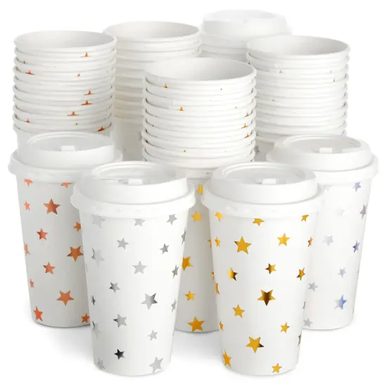 48 Pack Disposable 16oz Coffee Cups with Lids, Paper To Go Coffee Cups for Themed Birthday Party, Wedding, Baby Shower (Foil Stars) White {1}