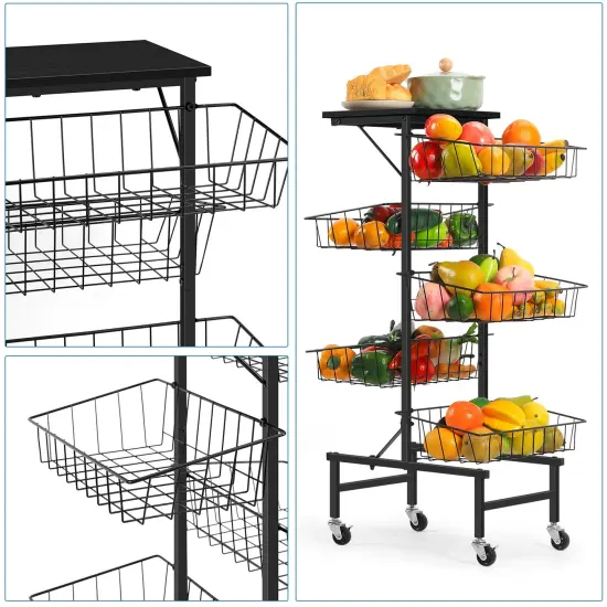 6-Tier Rolling Kitchen Cart with Wooden Top &ndash; Large Metal Fruit & Vegetable Basket Organizer, Rustproof Storage Cart with Wheels for Home, Office, Laundry Room {3}