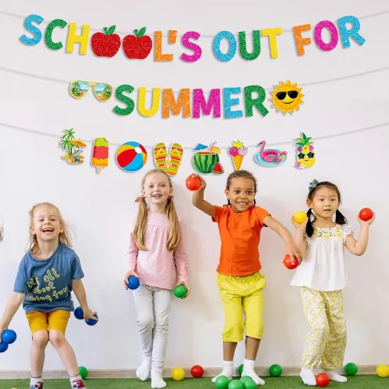 Glitter School&rsquo;s out for Summer Banner and Colorful Glittery Summer Patterns Banner End of School Year Garland Banner Summer Vacation Beach Pool Party Fireplace Mantle Decorations {3}